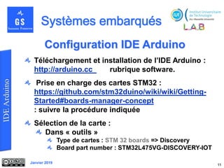 Janvier 2019
Configuration IDE Arduino
11
Téléchargement et installation de l’IDE Arduino :
http://arduino.cc rubrique software.
Prise en charge des cartes STM32 :
https://github.com/stm32duino/wiki/wiki/Getting-
Started#boards-manager-concept
: suivre la procédure indiquée
Sélection de la carte :
Dans « outils »
Type de cartes : STM 32 boards => Discovery
Board part number : STM32L475VG-DISCOVERY-IOT
 