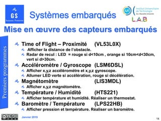 Janvier 2019
Mise en œuvre des capteurs embarqués
14
Time of Flight – Proximité (VL53L0X)
Afficher la distance de l’obstacle.
Radar de recul : LED = rouge si d<10cm , orange si 10cm<d<30cm,
vert si d>30cm.
Accéléromètre / Gyroscope (LSM6DSL)
Afficher x,y,z accéléromètre et x,y,z gyroscope.
Allumer LED verte si accélération, rouge si décélération.
Magnétomètre (LIS3MDL)
Afficher x,y,z magnétomètre.
Température / Humidité (HTS221)
Afficher température et humidité. Réaliser un thermostat.
Baromètre / Température (LPS22HB)
Afficher pression et température. Réaliser un baromètre.
 