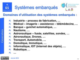 Janvier 2019
Domaines d’utilisation des systèmes embarqués :
Industrie – process de fabrication, …
Médical – imagerie – assistance – télémédecine, …
Banque – guichet automatique, …
Nautisme, …
Astronautique – fusée, satellites, sondes, …
Aéronautique, Drones, …
Transport, Automobile, …
Domotique, Immotique, …
Informatique, IOT (internet des objets), …
Robotique, …
…
4
 