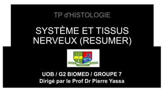 UOB / G2 BIOMED / GROUPE 7
Dirigé par le Prof Dr Pierre Yassa
TP d'HISTOLOGIE
SYSTÈME ET TISSUS
NERVEUX (RESUMER)
 