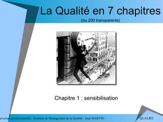 La Qualité en 7 chapitres
                                                           (ou 200 transparents)




                                        Chapitre 1 : sensibilisation


uverture professionnelle - Système de Management de la Qualité - Jean MARTIN -         1
                                                                                   QUALITE
 