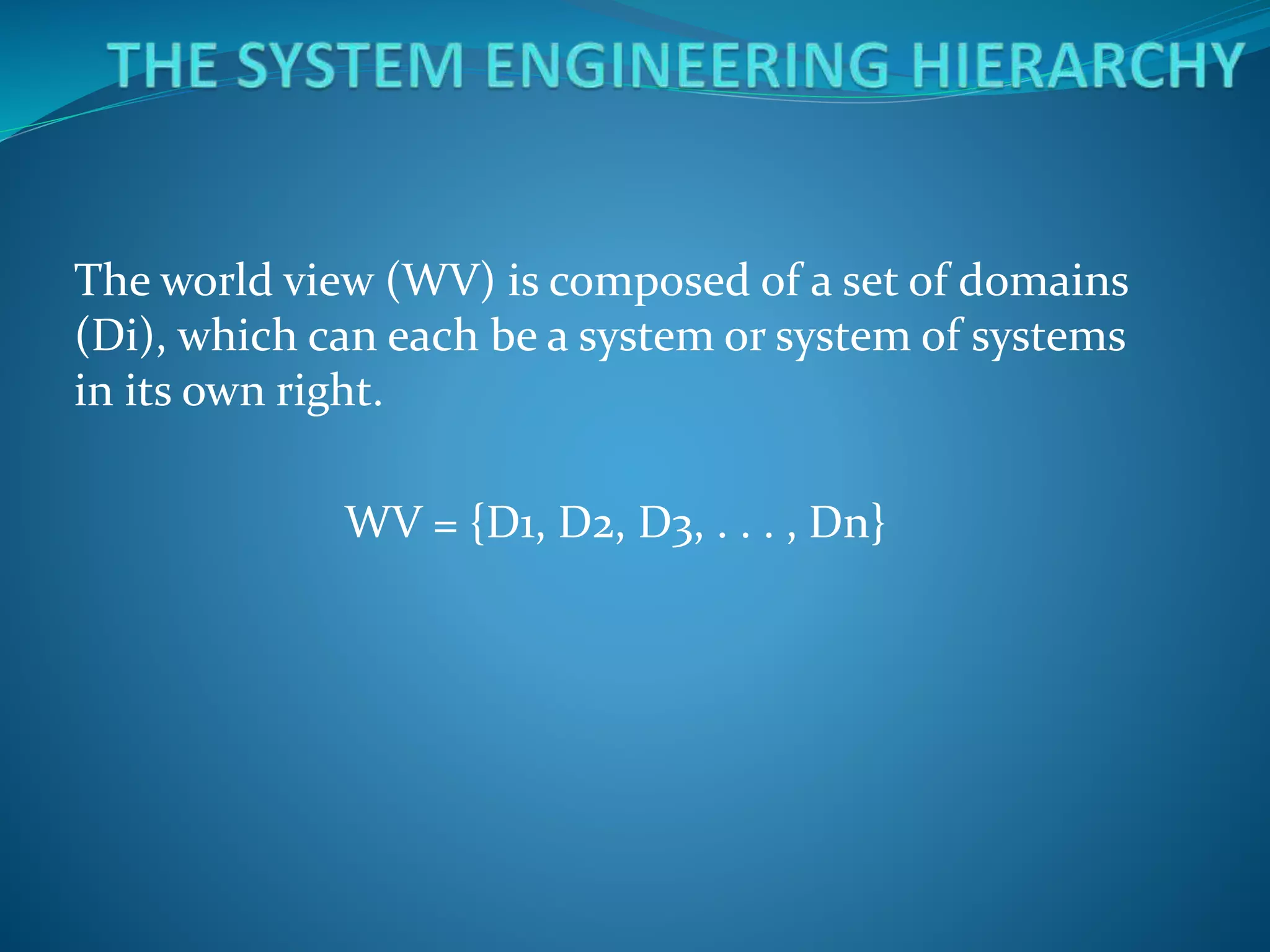 The world view (WV) is composed of a set of domains
(Di), which can each be a system or system of systems
in its own right.
WV = {D1, D2, D3, . . . , Dn}
 