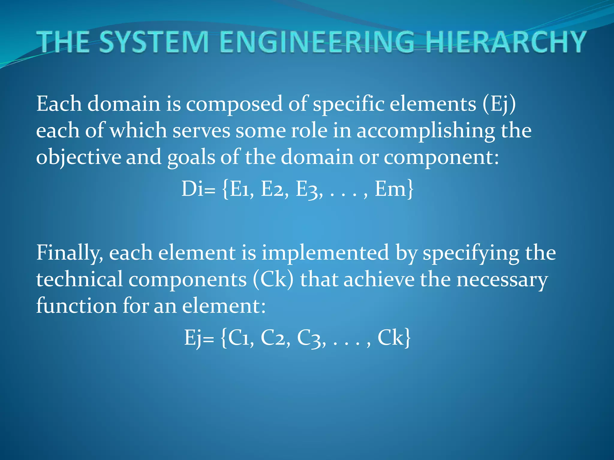 Each domain is composed of specific elements (Ej)
each of which serves some role in accomplishing the
objective and goals of the domain or component:
Di= {E1, E2, E3, . . . , Em}
Finally, each element is implemented by specifying the
technical components (Ck) that achieve the necessary
function for an element:
Ej= {C1, C2, C3, . . . , Ck}
 