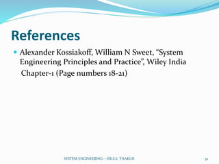 References
 Alexander Kossiakoff, William N Sweet, “System
Engineering Principles and Practice”, Wiley India
Chapter-1 (Page numbers 18-21)
32SYSTEM ENGINEERING---DR.S.S. THAKUR
 
