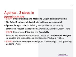 Professor Lili Saghafi
lili.saghafi@mail.mcgill.ca
Agenda , 3 steps in
development
–STEP1-Understanding and Modeling Organizational Systems
–Big Data, BI , power of Analytic in software development
–System Analyst role , in defining root problem or opportunity
–Software’s Project Management , workload , activities , team , risks
–STEP2-Determining Priorities and Feasibility
–Software and Hardware Alternatives, based on Cost benefit Analysis
for tangible and intangible cost and benefits. Payback, ROI,….
–STEP3-Software Development Projects, Methodology , Data gathering,
Modeling , Agile
2
 
