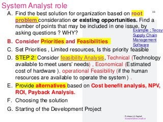 Professor Lili Saghafi
lili.saghafi@mail.mcgill.ca
System Analyst role
A. Find the best solution for organization based on root
problem consideration or existing opportunities. Find a
number of points that may be included in one issue, by
asking questions ? WHY?
B. Consider Priorities and Feasibilities
C. Set Priorities , Limited resources, Is this priority feasible
D. STEP 2: Consider feasibility Analysis, Technical (Technology
available to meet users’ needs) , Economical (Estimated
cost of hardware ), operational Feasibility (if the human
resources are available to operate the system ) .
E. Provide alternatives based on Cost benefit analysis, NPV,
ROI, Payback Analysis.
F. Choosing the solution
G. Starting of the Development Project
33
Example ; Tecsys
Supply Chain
Management
Software
 