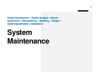 System Development >SystemAnalysis >System
requirement >Data gathering >Modeling >Design>
System Specification> Implantation
System
Maintenance
73
 