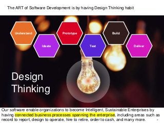 77
Design
Thinking
Understand
Ideate
Prototype
Test
Build
Deliver
The ART of Software Development is by having Design Thinking habit
Our software enable organizations to become Intelligent, Sustainable Enterprises by
having connected business processes spanning the enterprise, including areas such as
record to report, design to operate, hire to retire, order to cash, and many more.
 