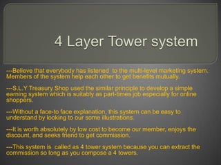 ---Believe that everybody has listened to the multi-level marketing system.
Members of the system help each other to get benefits mutually.
---S.L.Y Treasury Shop used the similar principle to develop a simple
earning system which is suitably as part-times job especially for online
shoppers.
---Without a face-to face explanation, this system can be easy to
understand by looking to our some illustrations.
---It is worth absolutely by low cost to become our member, enjoys the
discount, and seeks friend to get commission.
---This system is called as 4 tower system because you can extract the
commission so long as you compose a 4 towers.
 