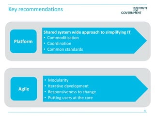 Key recommendations


            Shared system wide approach to simplifying IT
            • Commoditisation
 Platform   • Coordination
            • Common standards




            •   Modularity
            •   Iterative development
   Agile
            •   Responsiveness to change
            •   Putting users at the core
 