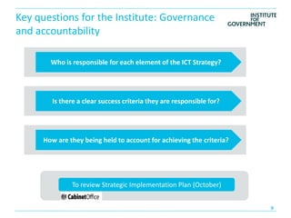 Key questions for the Institute: Governance
and accountability

       Who is responsible for each element of the ICT Strategy?




       Is there a clear success criteria they are responsible for?




     How are they being held to account for achieving the criteria?




              To review Strategic Implementation Plan (October)
 