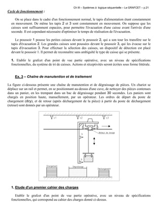 Ch III – Systèmes à logique séquentielle – Le GRAFCET – p.21
Cycle de fonctionnement :
On se place dans le cadre d'un fonctionnement normal, le tapis d'alimentation étant constamment
en mouvement. De même les tapis 2 et 3 sont constamment en mouvement. On suppose que les
caisses sont suffisamment espacées, pour permettre l'évacuation d'une caisse avant l'arrivée d'une
seconde. Il est cependant nécessaire d'optimiser le temps de réalisation de l'évacuation.
Le poussoir 1 pousse les petites caisses devant le poussoir 2, qui a son tour les transfère sur le
tapis d'évacuation 2. Les grandes caisses sont poussées devant le poussoir 3, qui les évacue sur le
tapis d'évacuation 3. Pour effectuer la sélection des caisses, un dispositif de détection est placé
devant le poussoir 1. Il permet de reconnaître sans ambiguïté le type de caisse qui se présente.
1. Etablir le grafcet d'un point de vue partie opérative, avec un niveau de spécifications
fonctionnelles, du système de tri de caisses. Actions et réceptivités seront écrites sous forme littérale.
Ex. 3 – Chaîne de manutention et de traitement
La figure ci-dessous présente une chaîne de manutention et de dégraissage de pièces. Un chariot se
déplace sur un rail et permet, en se positionnant au-dessus d'une cuve, de nettoyer des pièces contenues
dans un panier, en les trempant dans un bac de dégraissage pendant 30 secondes. Les paniers sont
chargés en position haute, manuellement, par un opérateur. Les ordres de départ du poste de
chargement (dcy), et de retour (après déchargement de la pièce) à partir du poste de déchargement
(retour) sont donnés par un opérateur.
1. Etude d'un premier cahier des charges
Etablir le grafcet d'un point de vue partie opérative, avec un niveau de spécifications
fonctionnelles, qui correspond au cahier des charges donné ci-dessus.
 