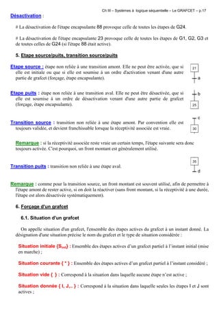 Ch III – Systèmes à logique séquentielle – Le GRAFCET – p.17
Désactivation :
# La désactivation de l'étape encapsulante 88 provoque celle de toutes les étapes de G24.
# La désactivation de l'étape encapsulante 23 provoque celle de toutes les étapes de G1, G2, G3 et
de toutes celles de G24 (si l'étape 88 était active).
5. Etape source/puits, transition source/puits
Etape source : étape non reliée à une transition amont. Elle ne peut être activée, que si
elle est initiale ou que si elle est soumise à un ordre d'activation venant d'une autre
partie de grafcet (forçage, étape encapsulante).
21
a
Etape puits : étape non reliée à une transition aval. Elle ne peut être désactivée, que si
elle est soumise à un ordre de désactivation venant d'une autre partie de grafcet
(forçage, étape encapsulante). 25
b
Transition source : transition non reliée à une étape amont. Par convention elle est
toujours validée, et devient franchissable lorsque la réceptivité associée est vraie. 30
c
Remarque : si la réceptivité associée reste vraie un certain temps, l'étape suivante sera donc
toujours activée. C'est pourquoi, un front montant est généralement utilisé.
Transition puits : transition non reliée à une étape aval.
35
d
Remarque : comme pour la transition source, un front montant est souvent utilisé, afin de permettre à
l'étape amont de rester active, si on doit la réactiver (sans front montant, si la réceptivité à une durée,
l'étape est alors désactivée systématiquement).
6. Forçage d'un grafcet
6.1. Situation d'un grafcet
On appelle situation d'un grafcet, l'ensemble des étapes actives du grafcet à un instant donné. La
désignation d'une situation précise le nom du grafcet et le type de situation considérée :
Situation initiale {Sinit} : Ensemble des étapes actives d’un grafcet partiel à l’instant initial (mise
en marche) ;
Situation courante { * } : Ensemble des étapes actives d’un grafcet partiel à l’instant considéré ;
Situation vide { } : Correspond à la situation dans laquelle aucune étape n’est active ;
Situation donnée { I, J,.. } : Correspond à la situation dans laquelle seules les étapes I et J sont
actives ;
 