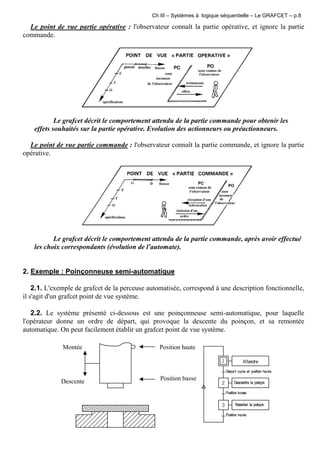 Ch III – Systèmes à logique séquentielle – Le GRAFCET – p.8
Le point de vue partie opérative : l'observateur connaît la partie opérative, et ignore la partie
commande.
Le grafcet décrit le comportement attendu de la partie commande pour obtenir les
effets souhaités sur la partie opérative. Evolution des actionneurs ou préactionneurs.
Le point de vue partie commande : l'observateur connaît la partie commande, et ignore la partie
opérative.
Le grafcet décrit le comportement attendu de la partie commande, après avoir effectué
les choix correspondants (évolution de l'automate).
2. Exemple : Poinçonneuse semi-automatique
2.1. L'exemple de grafcet de la perceuse automatisée, correspond à une description fonctionnelle,
il s'agit d'un grafcet point de vue système.
2.2. Le système présenté ci-dessous est une poinçonneuse semi-automatique, pour laquelle
l'opérateur donne un ordre de départ, qui provoque la descente du poinçon, et sa remontée
automatique. On peut facilement établir un grafcet point de vue système.
Position haute
Position basse
Montée
Descente
 