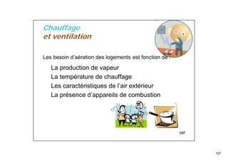 107
107
Chauffage
et ventilation
Les besoin d’aération des logements est fonction de :
La production de vapeur
La température de chauffage
Les caractéristiques de l’air extérieur
La présence d’appareils de combustion
 