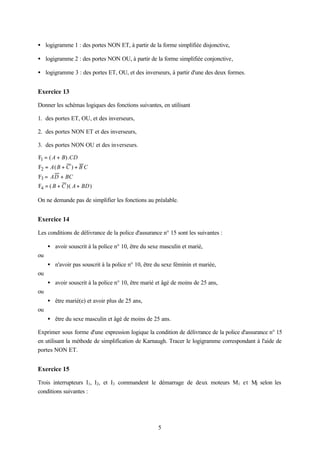 • logigramme 1 : des portes NON ET, à partir de la forme simplifiée disjonctive,

• logigramme 2 : des portes NON OU, à partir de la forme simplifiée conjonctive,

• logigramme 3 : des portes ET, OU, et des inverseurs, à partir d'une des deux formes.


Exercice 13

Donner les schémas logiques des fonctions suivantes, en utilisant

1. des portes ET, OU, et des inverseurs,

2. des portes NON ET et des inverseurs,

3. des portes NON OU et des inverseurs.

F1 = ( A + B).CD
F2 = A ( B + C ) + B C
F3 = AD + BC
F4 = ( B + C )( A + BD )

On ne demande pas de simplifier les fonctions au préalable.


Exercice 14

Les conditions de délivrance de la police d'assurance n° 15 sont les suivantes :

     • avoir souscrit à la police n° 10, être du sexe masculin et marié,
ou
     • n'avoir pas souscrit à la police n° 10, être du sexe féminin et mariée,
ou
     • avoir souscrit à la police n° 10, être marié et âgé de moins de 25 ans,
ou
     • être marié(e) et avoir plus de 25 ans,
ou
     • être du sexe masculin et âgé de moins de 25 ans.

Exprimer sous forme d'une expression logique la condition de délivrance de la police d'assurance n° 15
en utilisant la méthode de simplification de Karnaugh. Tracer le logigramme correspondant à l'aide de
portes NON ET.


Exercice 15

Trois interrupteurs I1, I2, et I3 commandent le démarrage de deux moteurs M1 et M2 selon les
conditions suivantes :




                                                    5
 