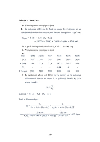 109
Solution et Démarche :
1- Voir diagramme entropique ci-joint
2- La puissance cédée par le fluide au cours des 2 détentes et les
rendements isentropiques associés pour un débit de vapeur de 1kg s-1
est :
Pcedée = m h1 − h2 + h3 − h4
= 1 3520 − 3160 + (3600 − 2400) = 1560 kW
3- A partir du diagramme, on déduit h5, d’où : h5=100kJ/kg
4- Voir diagramme entropique ci-joint
5-
Etat 1 (S5) 2 (S6) 3(S7) 4(S8) 5(S3) 6(S4)
T (°C) 565 364 565 26,68 26,68 26,94
P (bar) 130 35,4 35,4 0,035 0,035 130
X - - - 0,94 0 -
h (kJ/kg) 3500 3160 3600 2400 100 100
6- Le rendement global est défini par le rapport de la puissance
effectivement fournie au réseau et puissance fournie (à la
source chaude):
ηg =
avec : = 1 − 6 + ( 3 − 2)
D’où le débit massique :
=
1 − 6 + ( 3 − 2)
=
ηg 1 − 6 + ( 3 − 2)
=
250 106
0,4 3500 − 100 + (3600 − 3160)
=
625 106
3859,2 103
= 162,7 /
 