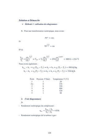 120
Solution et Démarche
 Méthode 1 : utilisation des diagrammes
1- Pour une transformation isentropique, nous avons :
= ,
Et
TP
1−
= cte
D’où
T2is
T1
=
P2
P1
−1
⇒ T2is = T1
P2
P1
−1
= 293
6
1
0,2857
= 488 K = 216 °C
Nous avons également :
h2is
− h1 = cp T2is − T1 ⇒ h2 = h1 + cp T2 − T1 = 490 kJ/kg
h2 − h1 = cp T2 − T1 ⇒ h2 = h1 + cp T2 − T1 = 594 kJ/k
2- (Voir diagrammes)
3-
- Rendement isentropique du compresseur :
ηisc =
h2is − h1
h2 − h1
= 65%
- Rendement isentropique de la turbine à gaz :
Point Pression P (bar) Température T (°C)
1
2is
2
3
4
5
1
6
6
6
1
1
20
216
320
880
520
80
 