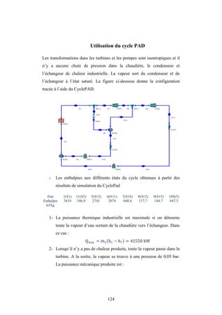 124
Utilisation du cycle PAD
Les transformations dans les turbines et les pompes sont isentropiques et il
n’y a aucune chute de pression dans la chaudière, le condenseur et
l’échangeur de chaleur industrielle. La vapeur sort du condenseur et de
l’échangeur à l’état saturé. La figure ci-dessous donne la configuration
tracée à l’aide du CyclePAD.
- Les enthalpies aux différents états du cycle obtenues à partir des
résultats de simulation du CyclePad
Etat 1(S1) 11(S3) 5(S13) 6(S11) 7(S16) 8(S12) 9(S15) 10S(5)
Enthalpie
kJ/kg
3410 546,9 2741 2074 640,4 137,7 144,7 647,5
1- La puissance thermique industrielle est maximale si on détourne
toute la vapeur d’eau sortant de la chaudière vers l’échangeur. Dans
ce cas :
Qmax = m1 h1 − h7 = 41550 kW
2- Lorsqu’il n’y a pas de chaleur produite, toute la vapeur passe dans la
turbine. A la sortie, la vapeur se trouve à une pression de 0,05 bar.
La puissance mécanique produite est :
 