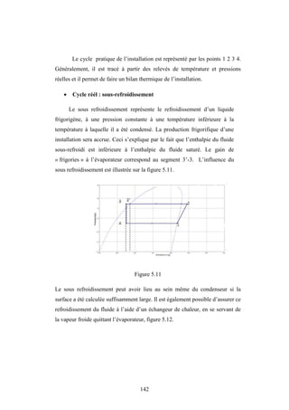 142
Le cycle pratique de l’installation est représenté par les points 1 2 3 4.
Généralement, il est tracé à partir des relevés de température et pressions
réelles et il permet de faire un bilan thermique de l’installation.
 Cycle réél : sous-refroidissement
Le sous refroidissement représente le refroidissement d’un liquide
frigorigène, à une pression constante à une température inférieure à la
température à laquelle il a été condensé. La production frigorifique d’une
installation sera accrue. Ceci s’explique par le fait que l’enthalpie du fluide
sous-refroidi est inférieure à l’enthalpie du fluide saturé. Le gain de
« frigories » à l’évaporateur correspond au segment 3’-3. L’influence du
sous refroidissement est illustrée sur la figure 5.11.
Figure 5.11
Le sous refroidissement peut avoir lieu au sein même du condenseur si la
surface a été calculée suffisamment large. Il est également possible d’assurer ce
refroidissement du fluide à l’aide d’un échangeur de chaleur, en se servant de
la vapeur froide quittant l’évaporateur, figure 5.12.
 