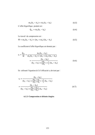 153
2 2 − 3 = 1 3 − 5 (6.3)
L’effet frigorifique produit est :
Qev = m2 h1 − h6 (6.4)
Le travail de compression est :
W = m2 h2 − h1 + m1 + m2 h4 − h3 (6.5)
Le coefficient d’effet frigorifique est donnée par :
f =
Qev
W
=
m2 h1 − h6
m2 h2 − h1 + m1 + m2 h4 − h3
=
h1 − h6
h2 − h1 +
m1
m2
+ 1 h4 − h3
(6.6)
En utilisant l’équation (6.3) l’efficacité f devient par :
f =
h1 − h6
h2 − h1 +
h2 − h3
h3 − h5
+ 1 h4 − h3
=
h1 − h6
h2 − h1 +
h2 − h5
h3 − h5
h4 − h3
(6.7)
6.1.2- Compression et détente étagées
 