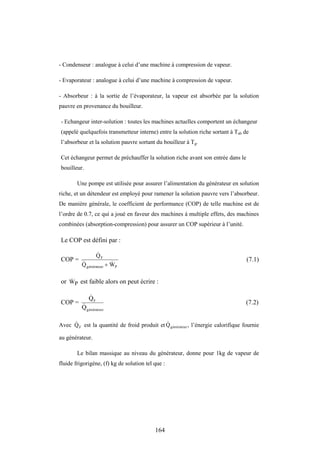 164
- Condenseur : analogue à celui d’une machine à compression de vapeur.
- Evaporateur : analogue à celui d’une machine à compression de vapeur.
- Absorbeur : à la sortie de l’évaporateur, la vapeur est absorbée par la solution
pauvre en provenance du bouilleur.
- Echangeur inter-solution : toutes les machines actuelles comportent un échangeur
(appelé quelquefois transmetteur interne) entre la solution riche sortant à Tab de
l’absorbeur et la solution pauvre sortant du bouilleur à Tg.
Cet échangeur permet de préchauffer la solution riche avant son entrée dans le
bouilleur.
Une pompe est utilisée pour assurer l’alimentation du générateur en solution
riche, et un détendeur est employé pour ramener la solution pauvre vers l’absorbeur.
De manière générale, le coefficient de performance (COP) de telle machine est de
l’ordre de 0.7, ce qui a joué en faveur des machines à multiple effets, des machines
combinées (absorption-compression) pour assurer un COP supérieur à l’unité.
Le COP est défini par :
COP =
P
générateur
F
W
Q
Q




(7.1)
or P
W
 est faible alors on peut écrire :
COP =
générateur
F
Q
Q


(7.2)
Avec F
Q
 est la quantité de froid produit et générateur
Q
 , l’énergie calorifique fournie
au générateur.
Le bilan massique au niveau du générateur, donne pour 1kg de vapeur de
fluide frigorigène, (f) kg de solution tel que :
 