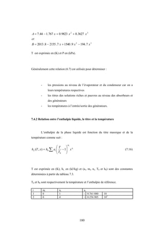 180
3
2
3
2
7
.
194
9
.
1540
7
.
2155
8
.
2013
3627
.
0
9823
.
0
767
.
1
44
.
7
x
x
x
B
et
x
x
x
A








T est exprimée en (K) et P en (kPa).
Généralement cette relation (6.7) est utilisée pour déterminer :
- les pressions au niveau de l’évaporateur et du condenseur car on a
leurs températures respectives
- les titres des solutions riches et pauvres au niveau des absorbeurs et
des générateurs
- les températures à l’entrée/sortie des générateurs.
7.4.2 Relation entre l’enthalpie liquide, le titre et la température
L’enthalpie de la phase liquide est fonction du titre massique et de la
température comme suit :
i
i
n
m
i i
L x
T
T
a
h
x
T
h  








 1
)
,
(
0
0 (7.16)
T est exprimée en (K), hL en (kJ/kg) et (ai, mi, ni, T0 et h0) sont des constantes
déterminées à partir du tableau 7.3.
T0 et h0 sont respectivement la température et l’enthalpie de référence.
i mi ni ai
1 0 1 - 0.761 080 10
2 0 4 + 0.256 905 102
 