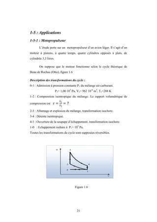 21
1-5 : Applications
1-5-1 : Motopropulseur
L’étude porte sur un motopropulseur d’un avion léger. Il s’agit d’un
moteur à pistons, à quatre temps, quatre cylindres opposés à plats, de
cylindrée 3,3 litres.
On suppose que le moteur fonctionne selon le cycle théorique de
Beau de Rochas (Otto), figure 1.6
Description des transformations du cycle :
0-1 : Admission à pression constante P1 du mélange air-carburant.
P1= 1,00 105
Pa, V1= 962 10-6
m3
, T1=288 K
1-2 : Compression isentropique du mélange. Le rapport volumétrique de
compression est = 1
2
= 7
2-3 : Allumage et explosion du mélange, transformation isochore.
3-4 : Détente isentropique.
4-1 : Ouverture de la soupape d’échappement, transformation isochore.
1-0 : Echappement isobare à P1= 105
Pa.
Toutes les transformations du cycle sont supposées réversibles.
Figure 1.6
 