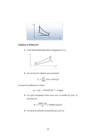 28
Solution et Démarche
1- Cycle thermodynamique dans le diagramme (T, s)
2- En une heure le véhicule aura consommé :
Vc =
6,3
100
110 = 6,93 L/h
La masse du carburant en 1 heure :
mc = ρVc = 720 6,93 1O−3
= 5 kg/h
3- Un cycle correspond à deux tours, d’où le nombre de cycle Nc
par heure est:
Nc =
3200 ∗ 60
2
= 96000 cycles/h
4- La masse de carburant consommée par cycle est
 