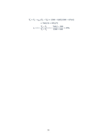 51
T4
′
= T3 − ηisT T3 − T4 = 1300 − 0,85 1300 − 674,4
= 768,2 K = 495,2°C
η = 1 −
T4
′
− T1
T3 − T2
′ = 1 −
768,2 − 300
1300 − 640
= 29%
 
