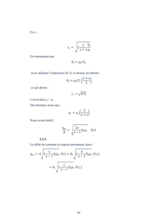 81
Et cc :
cc = 2
+ 1
P0
ρ0
En remarquant que
P0 = ρ0rT0
et en utilisant l’expression de Tc ci-dessus on obtient :
P0 = ρ0rTc
1 +
2
ce qui donne :
= rTc
C'est-à-dire cc = ac
On remarque aussi que :
c = a0
2
1 + γ
Nous avons établi :
qm
A
=
2
− 1
P0ρ0 f τ
2.2.3-
Le débit est constant en régime permanent, donc :
qm = A 2
− 1
P0ρ0 f τ = A1 2
− 1
P0ρ0 f τ1
= Ac 2
− 1
P0ρ0 f τc
 