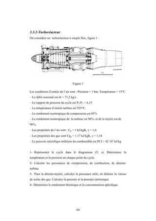 84
3.3.2-Turboréacteur
On considère un turboréacteur à simple flux, figure 1 :
Figure 1
Les conditions d’entrée de l’air sont : Pression = 1 bar, Température = 15°C
– Le débit nominal est = 71,2 kg/s
– Le rapport de pression du cycle est P2/P1 = 6,15
– La température d’entrée turbine est 925°C.
– Le rendement isentropique de compression est 85%
– Le rendement isentropique de la turbine est 88%, et de la tuyère est de
96%,
– Les propriétés de l’air sont : Cp = 1 kJ/kgK,  = 1,4.
– Les propriétés des gaz sont Cpg = 1,17 kJ/kgK,  = 1,34
– Le pouvoir calorifique inférieur du combustible est PCI = 42 103
kJ/kg
1- Représenter le cycle dans le diagramme (T, s). Déterminez la
température et la pression en chaque point du cycle.
2- Calculer les puissances de compression, de combustion, de détente-
turbine.
3- Pour la détente-tuyère, calculez la puissance utile, en déduire la vitesse
de sortie des gaz. Calculez la poussée et la poussée intrinsèque.
4- Déterminer le rendement thermique et la consommation spécifique.
 