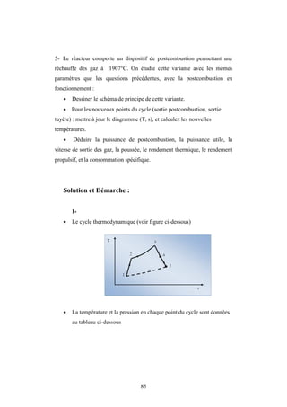 85
5- Le réacteur comporte un dispositif de postcombustion permettant une
réchauffe des gaz à 1907°C. On étudie cette variante avec les mêmes
paramètres que les questions précédentes, avec la postcombustion en
fonctionnement :
 Dessiner le schéma de principe de cette variante.
 Pour les nouveaux points du cycle (sortie postcombustion, sortie
tuyère) : mettre à jour le diagramme (T, s), et calculez les nouvelles
températures.
 Déduire la puissance de postcombustion, la puissance utile, la
vitesse de sortie des gaz, la poussée, le rendement thermique, le rendement
propulsif, et la consommation spécifique.
Solution et Démarche :
1-
 Le cycle thermodynamique (voir figure ci-dessous)
 La température et la pression en chaque point du cycle sont données
au tableau ci-dessous
 