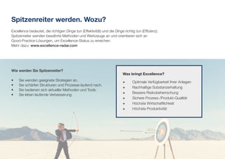 Spitzenreiter werden. Wozu?
Excellence bedeutet, die richtigen Dinge tun (Effektivität) und die Dinge richtig tun (Effizienz).
Spitzenreiter wenden bewährte Methoden und Werkzeuge an und orientieren sich an
Good-Practice-Lösungen, um Excellence-Status zu erreichen.
Mehr dazu: www.excellence-radar.com
Wie werden Sie Spitzenreiter?
•	 Sie wenden geeignete Strategien an.
•	 Sie schärfen Strukturen und Prozesse laufend nach.
•	 Sie bedienen sich aktueller Methoden und Tools.
•	 Sie leben laufende Verbesserung.
Was bringt Excellence?
++ Optimale Verfügbarkeit Ihrer Anlagen
++ Nachhaltige Substanzerhaltung
++ Bessere Risikobeherrschung
++ Sichere Prozess-/Produkt-Qualität
++ Höchste Wirtschaftlichkeit
++ Höchste Produktivität
 