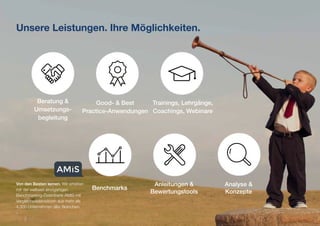 Unsere Leistungen. Ihre Möglichkeiten.
Benchmarks
Anleitungen &
Bewertungstools
Analyse &
Konzepte
Good- & Best
Practice-Anwendungen
Beratung &
Umsetzungs-
begleitung
Trainings, Lehrgänge,
Coachings, Webinare
Von den Besten lernen. Wir arbeiten
mit der weltweit einzigartigen
Benchmarking-Datenbank AMIS mit
Vergleichsdatensätzen aus mehr als
4.300 Unternehmen aller Branchen.
 