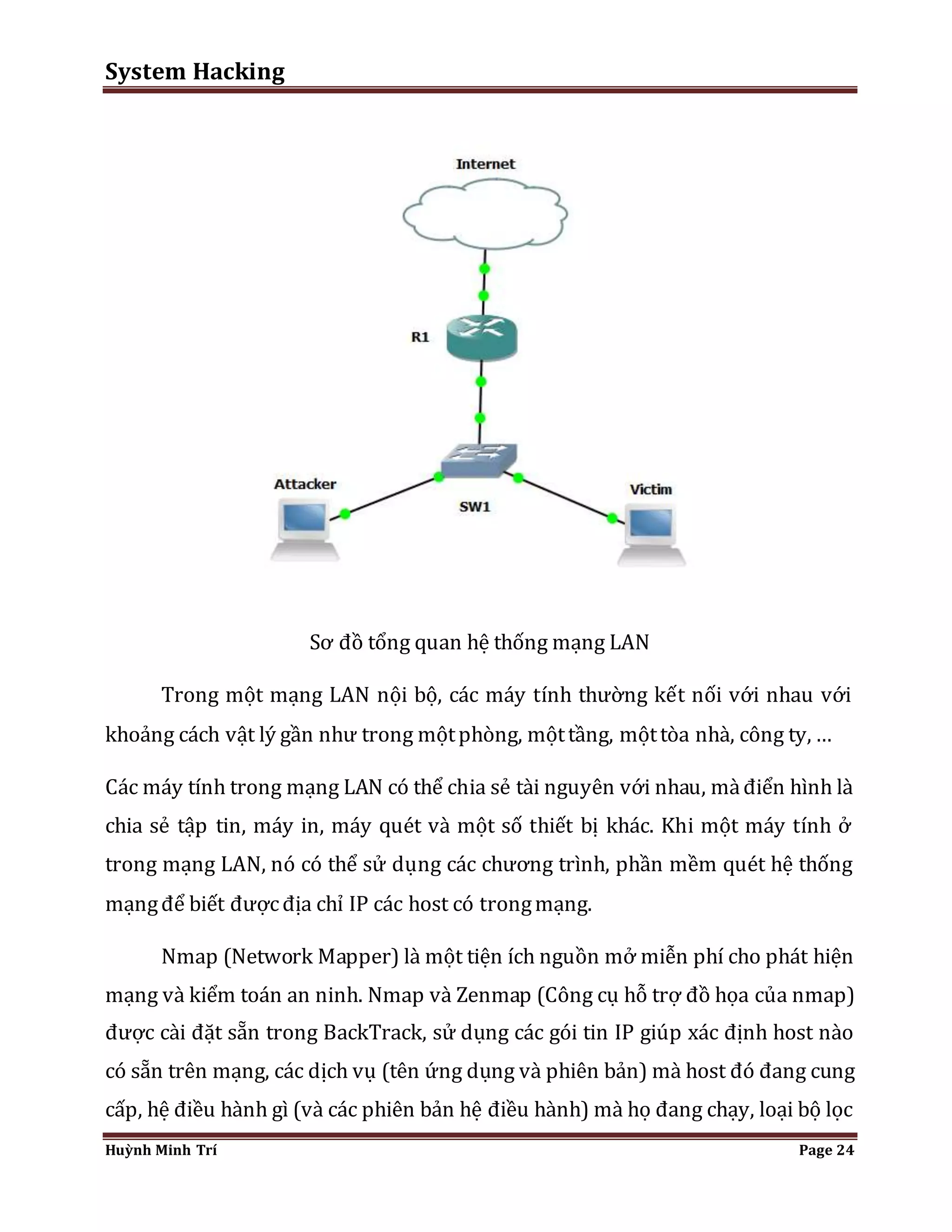 System Hacking 
Sơ đồ tổng quan hệ thống mạng LAN 
Trong một mạng LAN nội bộ, các máy tính thường kết nối với nhau với 
khoảng cách vật lý gần như trong một phòng, một tầng, một tòa nhà, công ty, … 
Các máy tính trong mạng LAN có thể chia sẻ tài nguyên với nhau, mà điển hình là 
chia sẻ tập tin, máy in, máy quét và một số thiết bị khác. Khi một máy tính ở 
trong mạng LAN, nó có thể sử dụng các chương trình, phần mềm quét hệ thống 
mạng để biết được địa chỉ IP các host có trong mạng. 
Nmap (Network Mapper) là một tiện ích nguồn mở miễn phí cho phát hiện 
mạng và kiểm toán an ninh. Nmap và Zenmap (Công cụ hỗ trợ đồ họa của nmap) 
được cài đặt sẵn trong BackTrack, sử dụng các gói tin IP giúp xác định host nào 
có sẵn trên mạng, các dịch vụ (tên ứng dụng và phiên bản) mà host đó đang cung 
cấp, hệ điều hành gì (và các phiên bản hệ điều hành) mà họ đang chạy, loại bộ lọc 
Huỳnh Minh Trí Page 24 
 