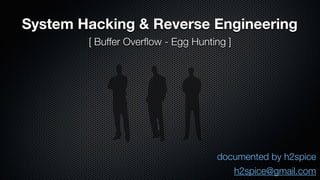 System Hacking & Reverse Engineering 
documented by h2spice 
h2spice@gmail.com 
[ Buffer Overflow - Egg Hunting ] 
 