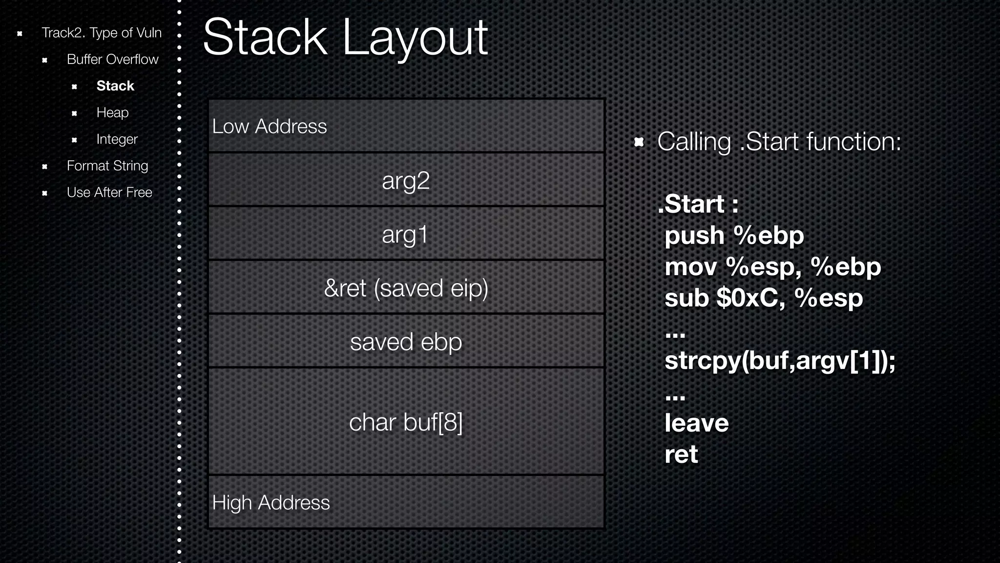 Stack Layout Low Address arg2 arg1 &ret (saved eip) saved ebp char buf[8] High Address Calling .Start function: .Start : push %ebp mov %esp, %ebp sub $0xC, %esp ... strcpy(buf,argv[1]); ... leave ret Track2. Type of Vuln Buffer Overflow Stack Heap Integer Format String Use After Free 