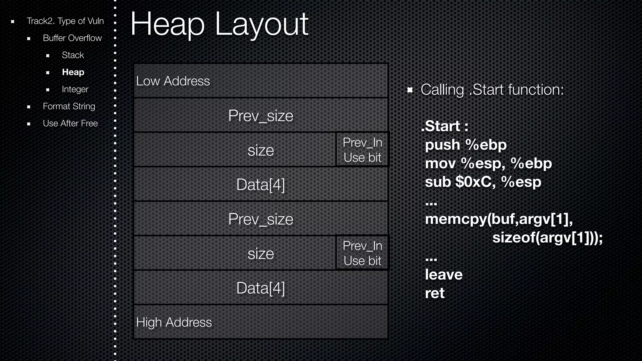 Heap Layout Calling .Start function: .Start : push %ebp mov %esp, %ebp sub $0xC, %esp ... memcpy(buf,argv[1], sizeof(argv[1])); ... leave ret Track2. Type of Vuln Buffer Overflow Stack Heap Integer Format String Use After Free Low Address Prev_size size Data[4] Prev_size size Data[4] High Address Prev_In Use bit Prev_In Use bit 