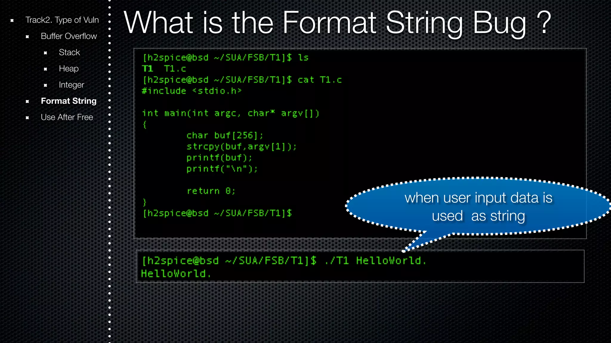 Track2. Type of Vuln What is the Format String Bug ? Buffer Overflow Stack Heap Integer Format String Use After Free when user input data is used as string 