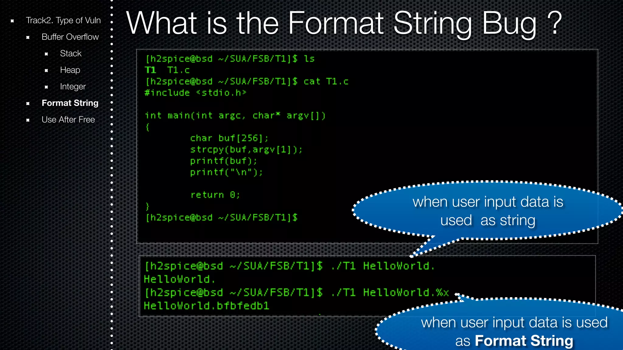 Track2. Type of Vuln What is the Format String Bug ? Buffer Overflow Stack Heap Integer Format String Use After Free when user input data is used as string when user input data is used as Format String 