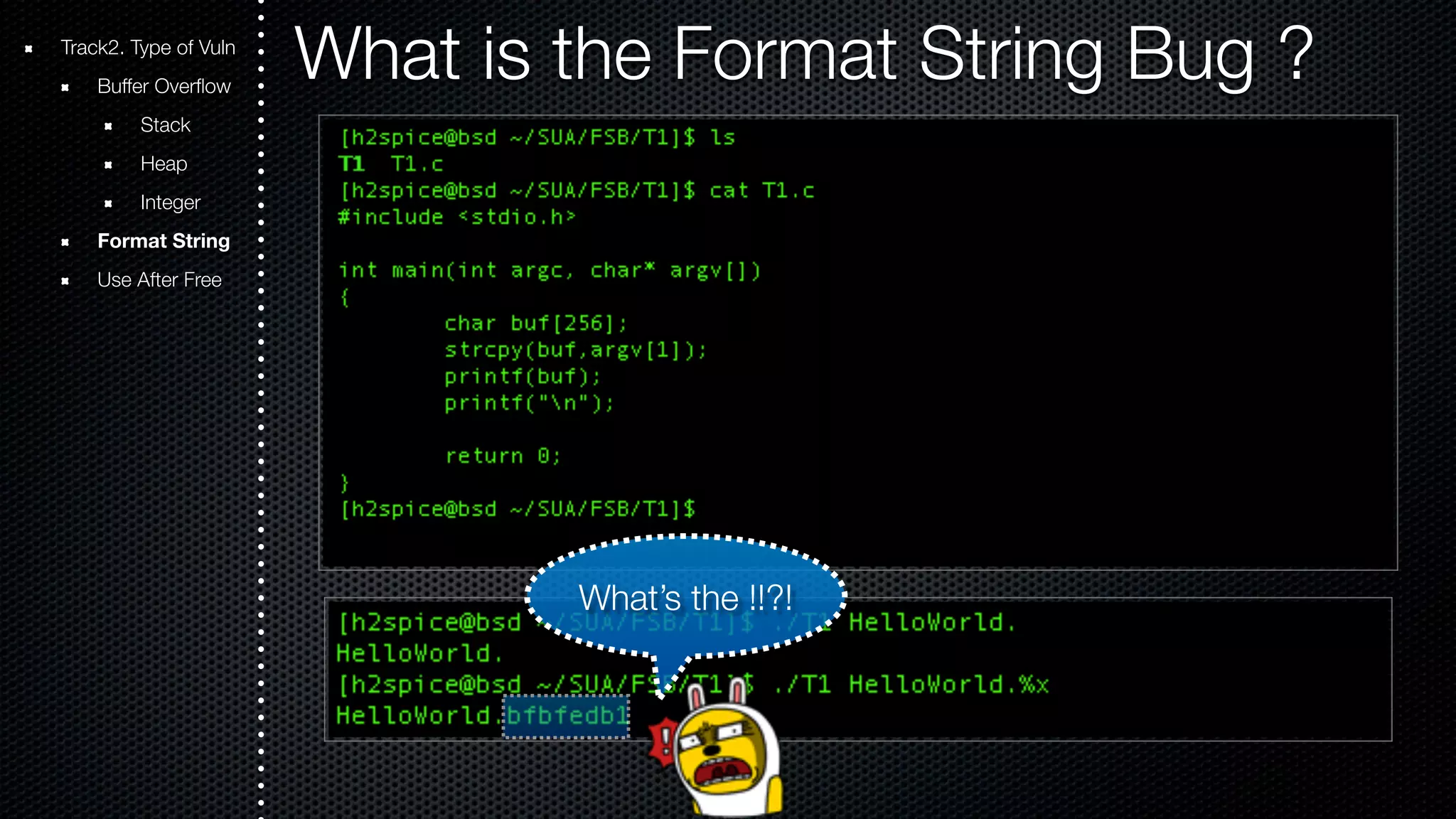 Track2. Type of Vuln What is the Format String Bug ? Buffer Overflow Stack Heap Integer Format String Use After Free What’s the !!?! 