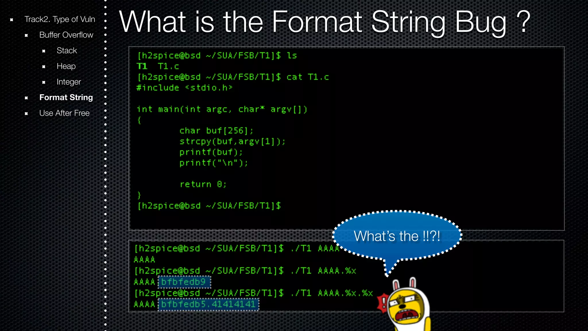 Track2. Type of Vuln What is the Format String Bug ? Buffer Overflow Stack Heap Integer Format String Use After Free What’s the !!?! 