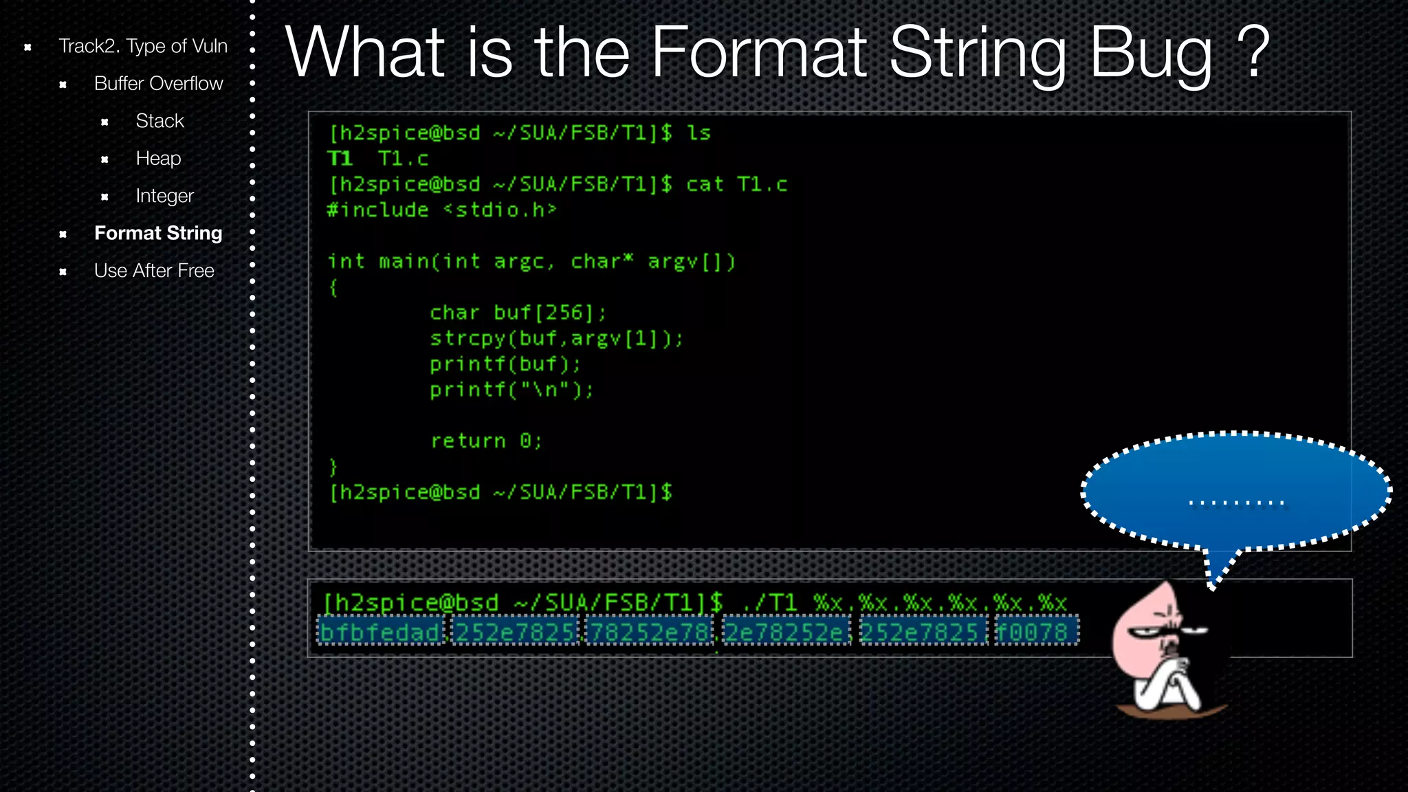 Track2. Type of Vuln What is the Format String Bug ? Buffer Overflow Stack Heap Integer Format String Use After Free ……… 