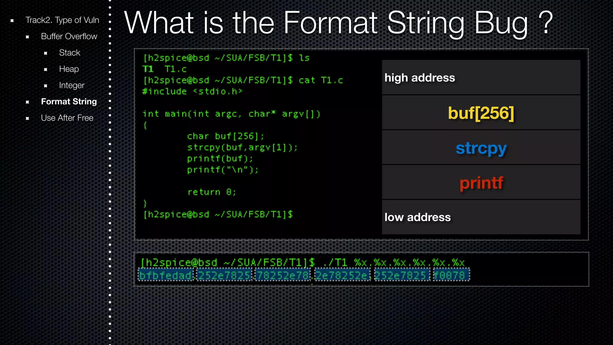 Track2. Type of Vuln What is the Format String Bug ? Buffer Overflow Stack Heap Integer Format String Use After Free high address buf[256] strcpy printf low address 