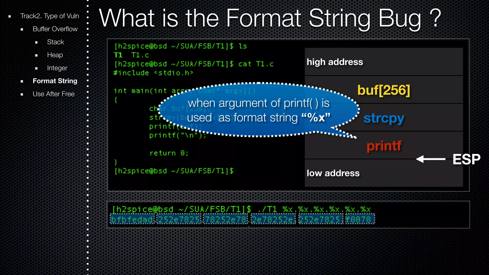 Track2. Type of Vuln What is the Format String Bug ? Buffer Overflow Stack Heap Integer Format String Use After Free high address buf[256] strcpy printf when argument of printf( ) is used as format string “%x” low address ESP 
