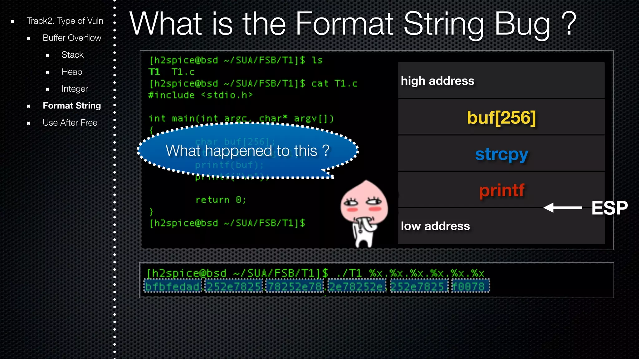 Track2. Type of Vuln What is the Format String Bug ? Buffer Overflow Stack Heap Integer Format String Use After Free high address buf[256] strcpy printf low address ESP What happened to this ? 