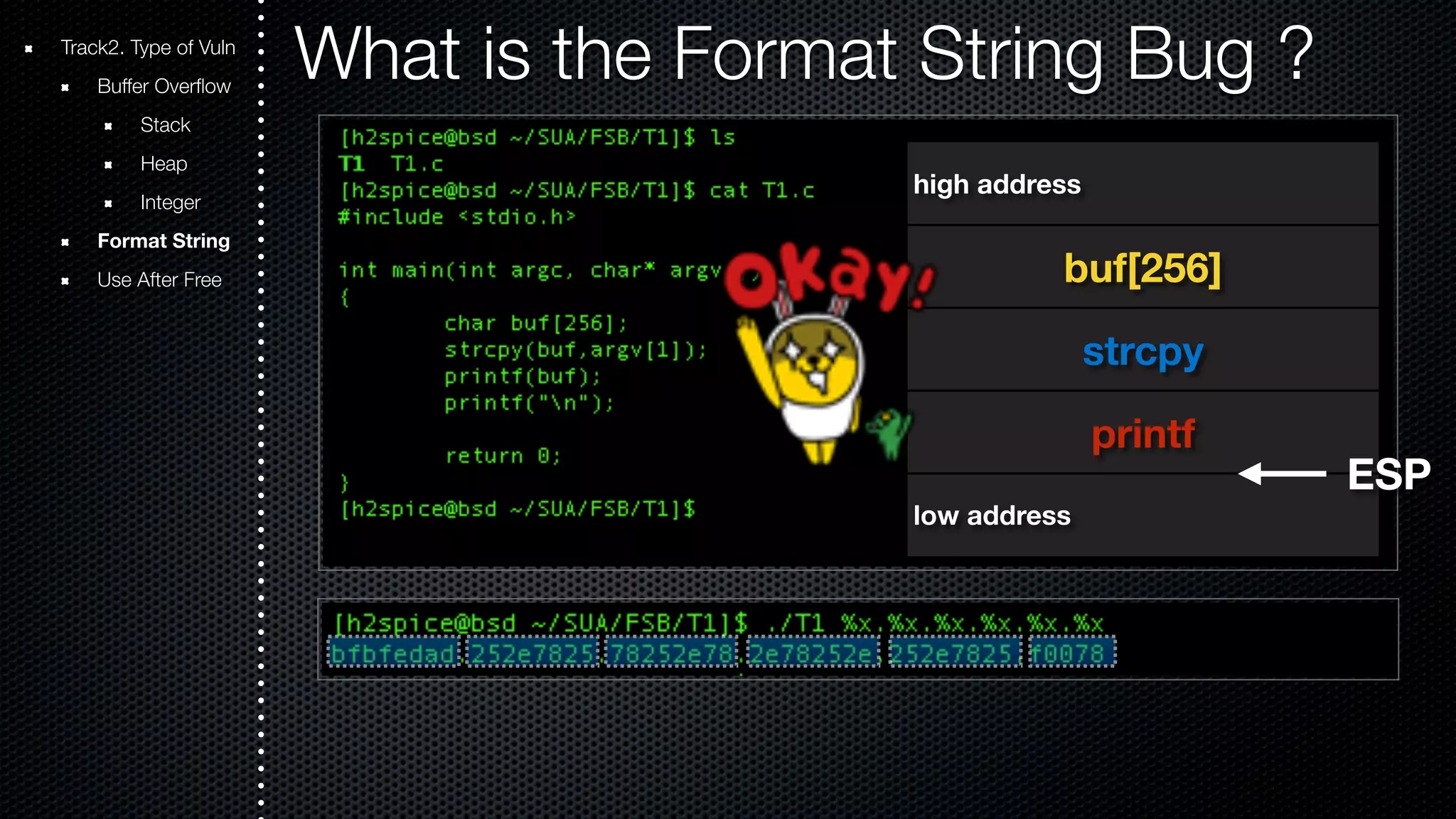 Track2. Type of Vuln What is the Format String Bug ? Buffer Overflow Stack Heap Integer Format String Use After Free high address buf[256] strcpy printf low address ESP 