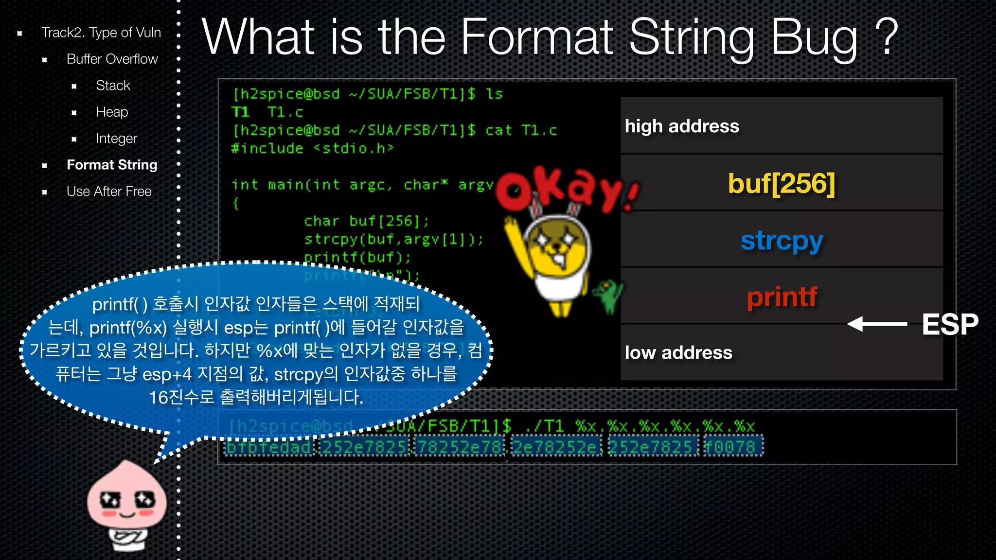 Track2. Type of Vuln What is the Format String Bug ? Buffer Overflow Stack Heap Integer Format String Use After Free high address buf[256] strcpy printf ESP printf( ) 호출시 인자값 인자들은 스택에 적재되 low address 는데, printf(%x) 실행시 esp는 printf( )에 들어갈 인자값을 가르키고 있을 것입니다. 하지만 %x에 맞는 인자가 없을 경우, 컴 퓨터는 그냥 esp+4 지점의 값, strcpy의 인자값중 하나를 16진수로 출력해버리게됩니다. 