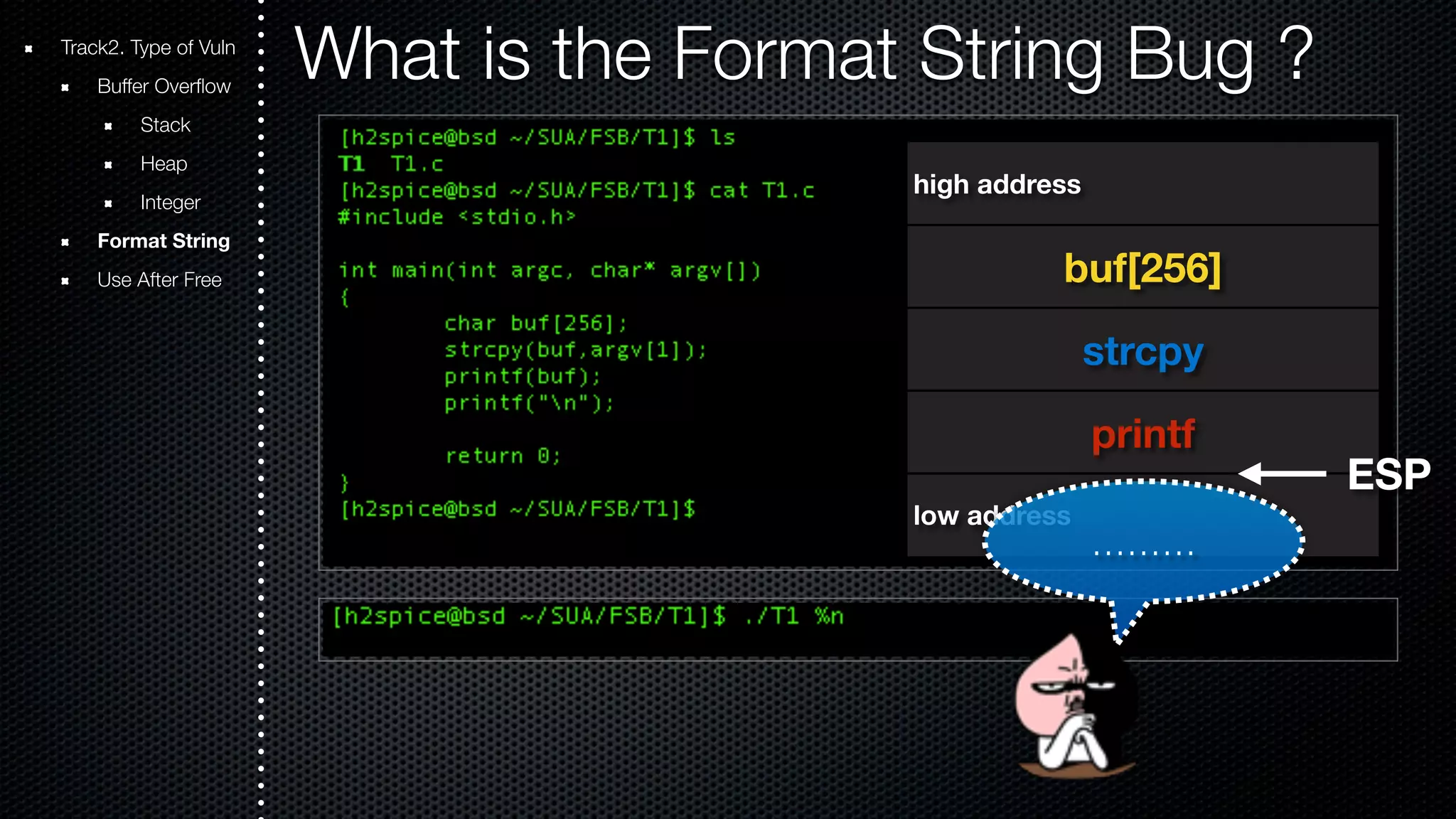 Track2. Type of Vuln What is the Format String Bug ? Buffer Overflow Stack Heap Integer Format String Use After Free high address buf[256] strcpy printf low address ESP ……… 